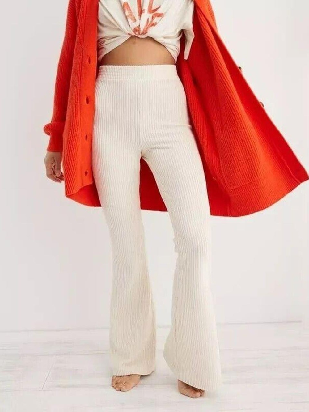 Aerie Ribbed Flare Corduroy Pants in Cream